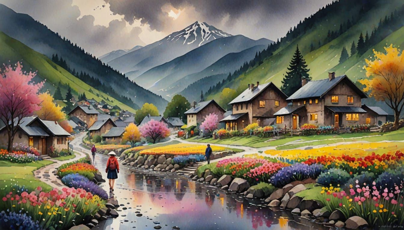 Mountain Village in Watercolor with Flower Petals