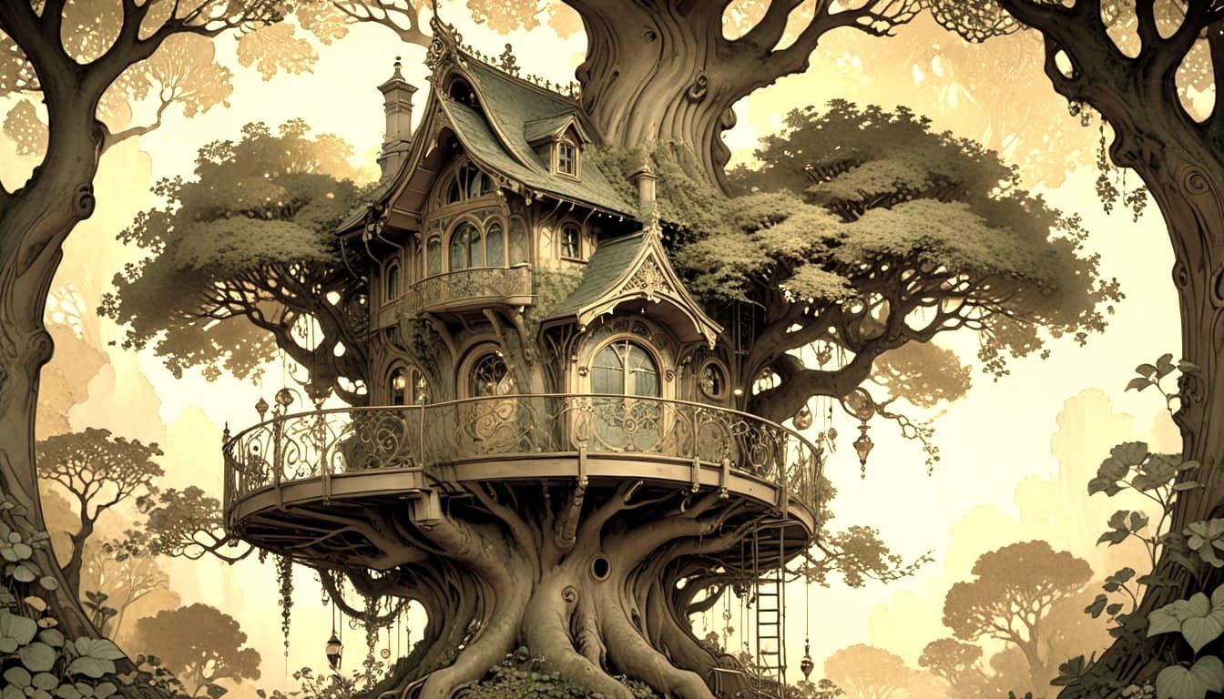 Whimsical Sepia Tree House in Art Nouveau Style
