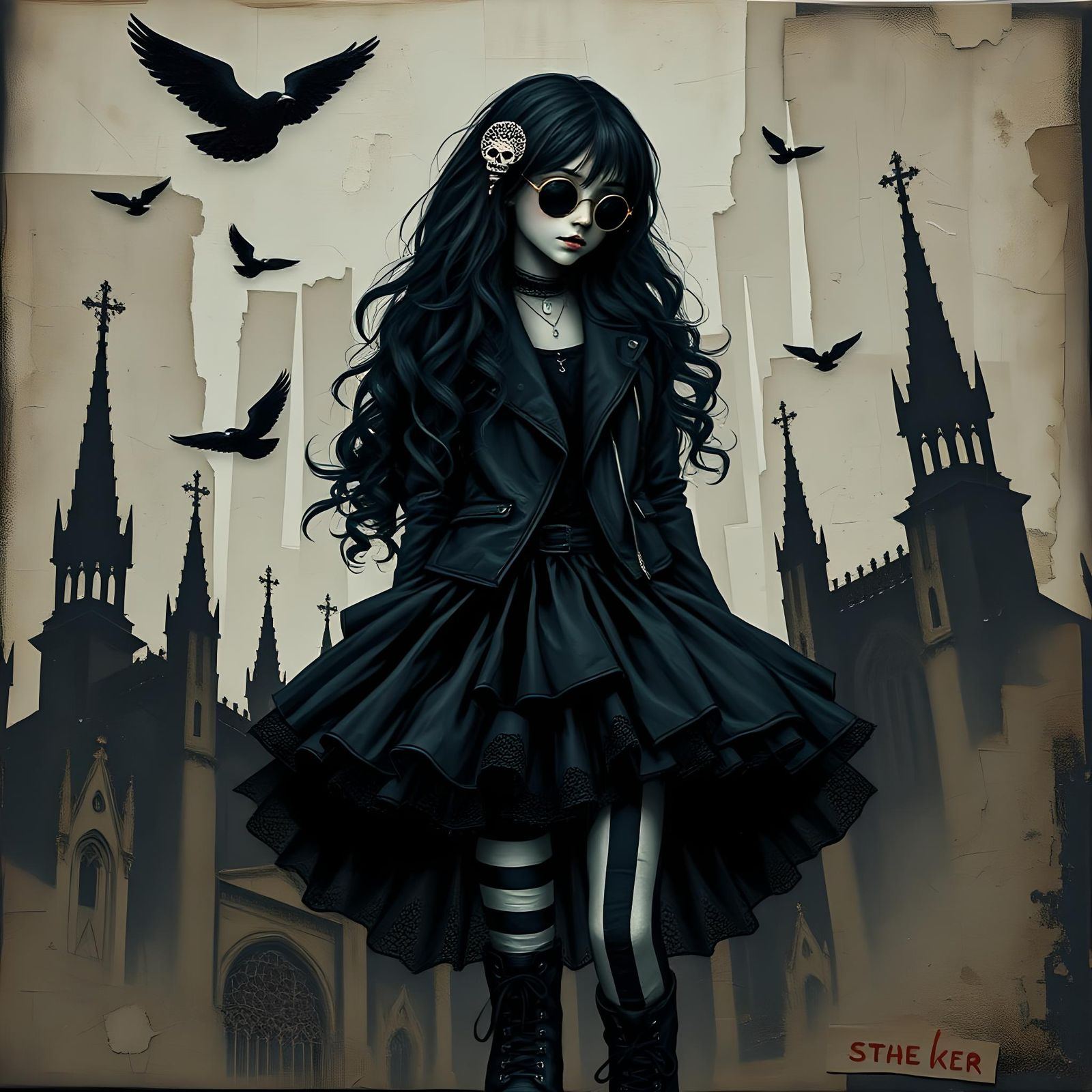 Stylish Goth Girl in Textured Urban Setting