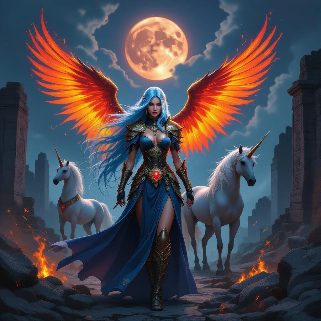 Warrior Princess of Mythical Beasts Under Blood Moon