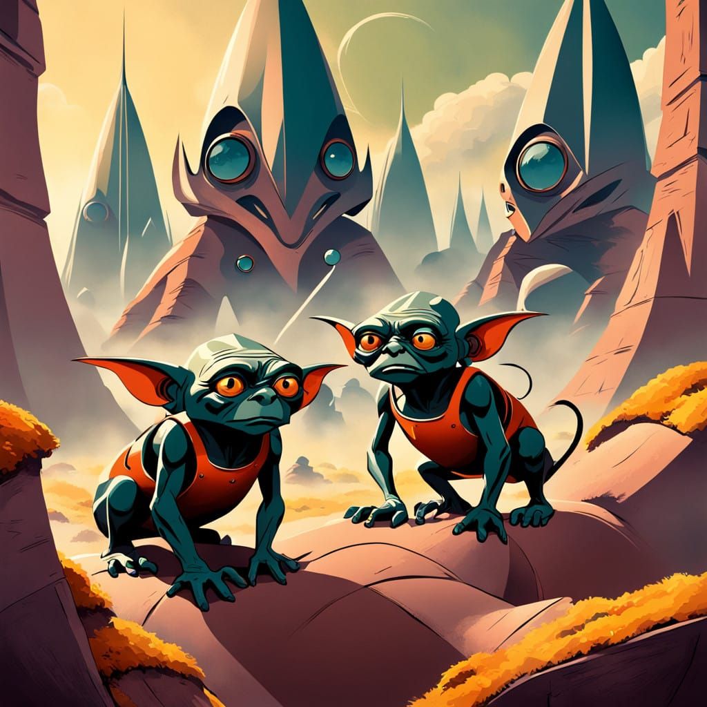 Goblins in a Futuristic Landscape with 1920s Magazine Illust...
