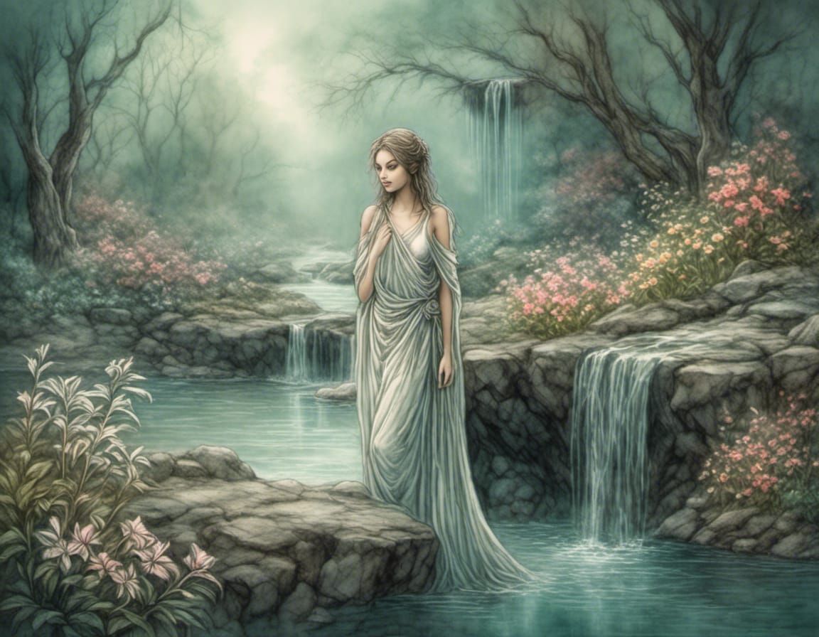Peaceful Woman by Creek with Waterfall