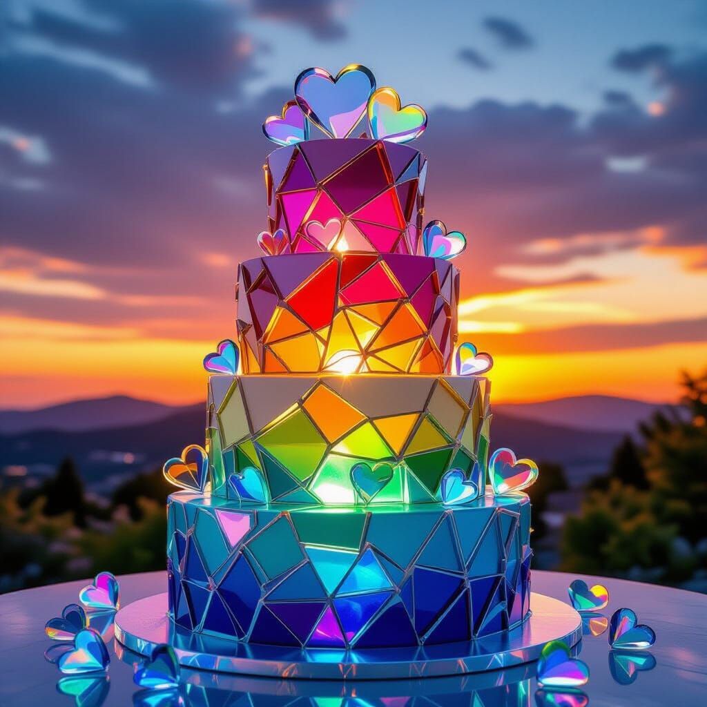 Vibrant Broken Glass Heart Cake with Sunrise Sunset