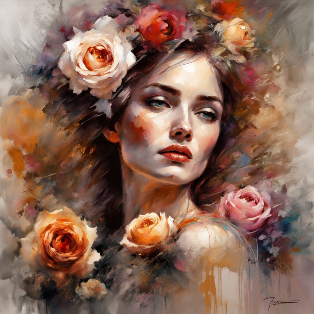 Rose Woman Portrait in Watercolor Style