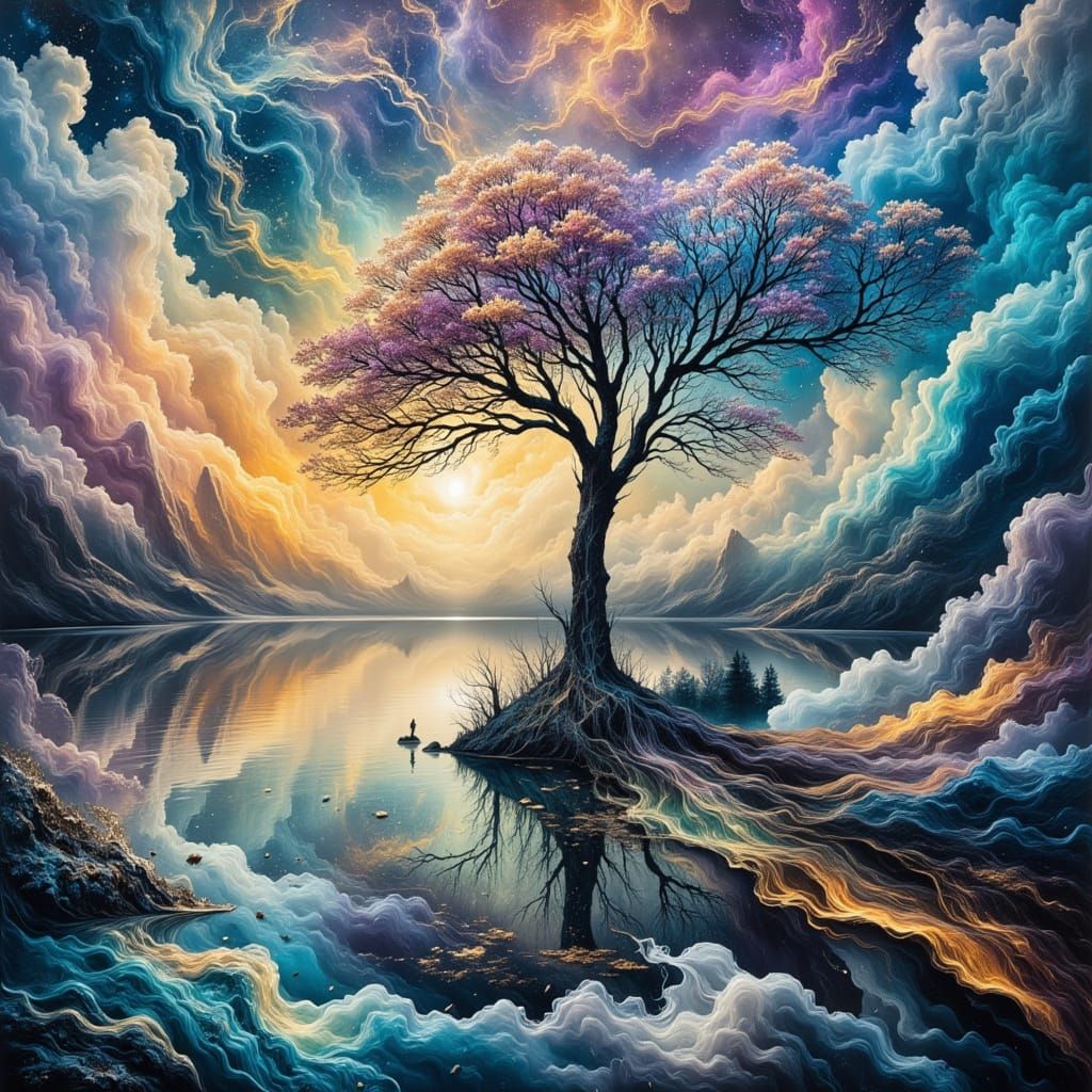 Surreal Tree of Life Amidst Cosmic Swirls
