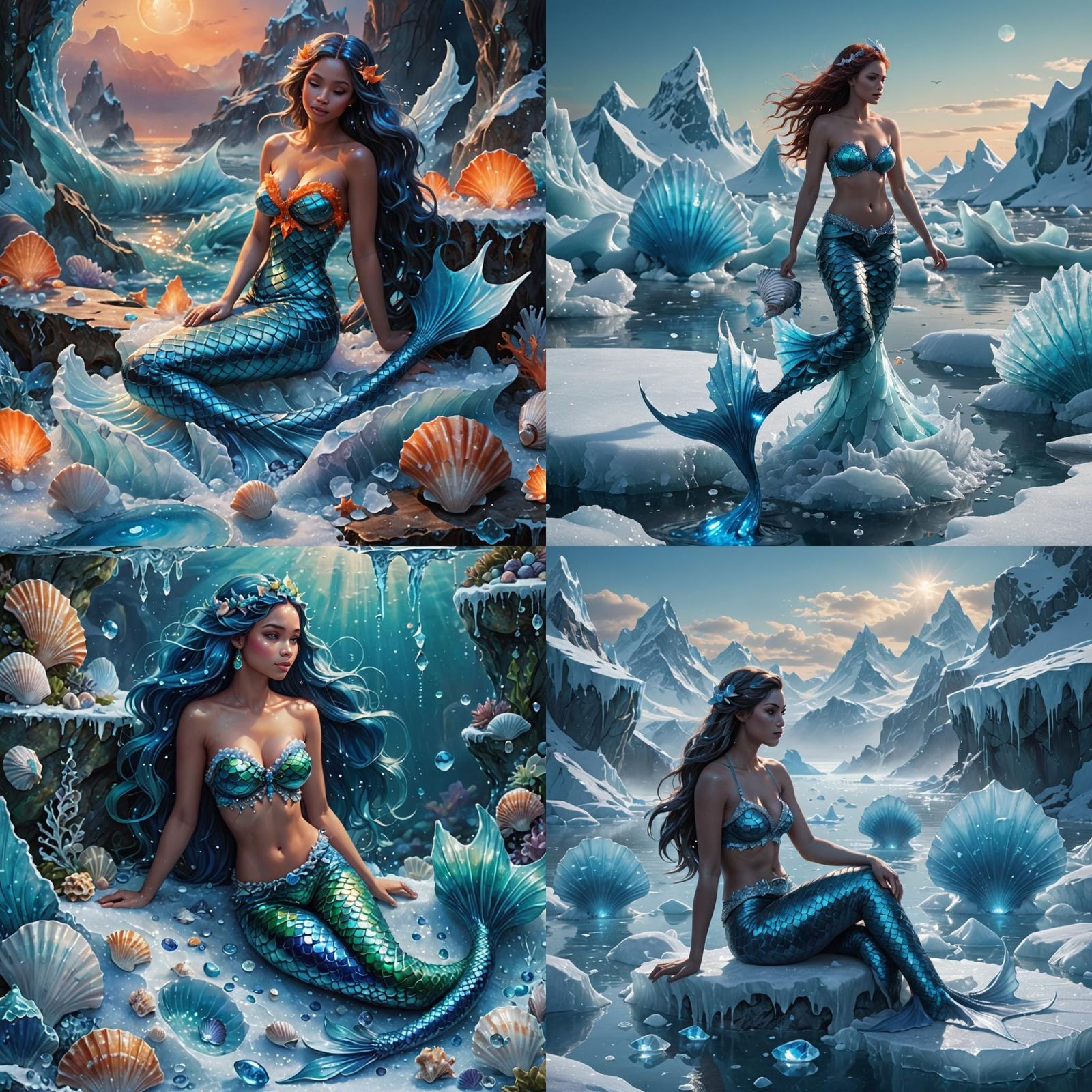 Mermaid with Blue Fish Tail on Ice, Fantasy Art