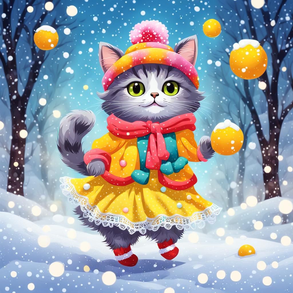 Cute Cartoon Cat Dancing in Snow, Candy Art