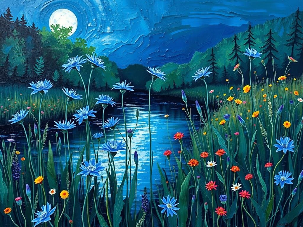 Vibrant Blue Cornflower Field at Night with River