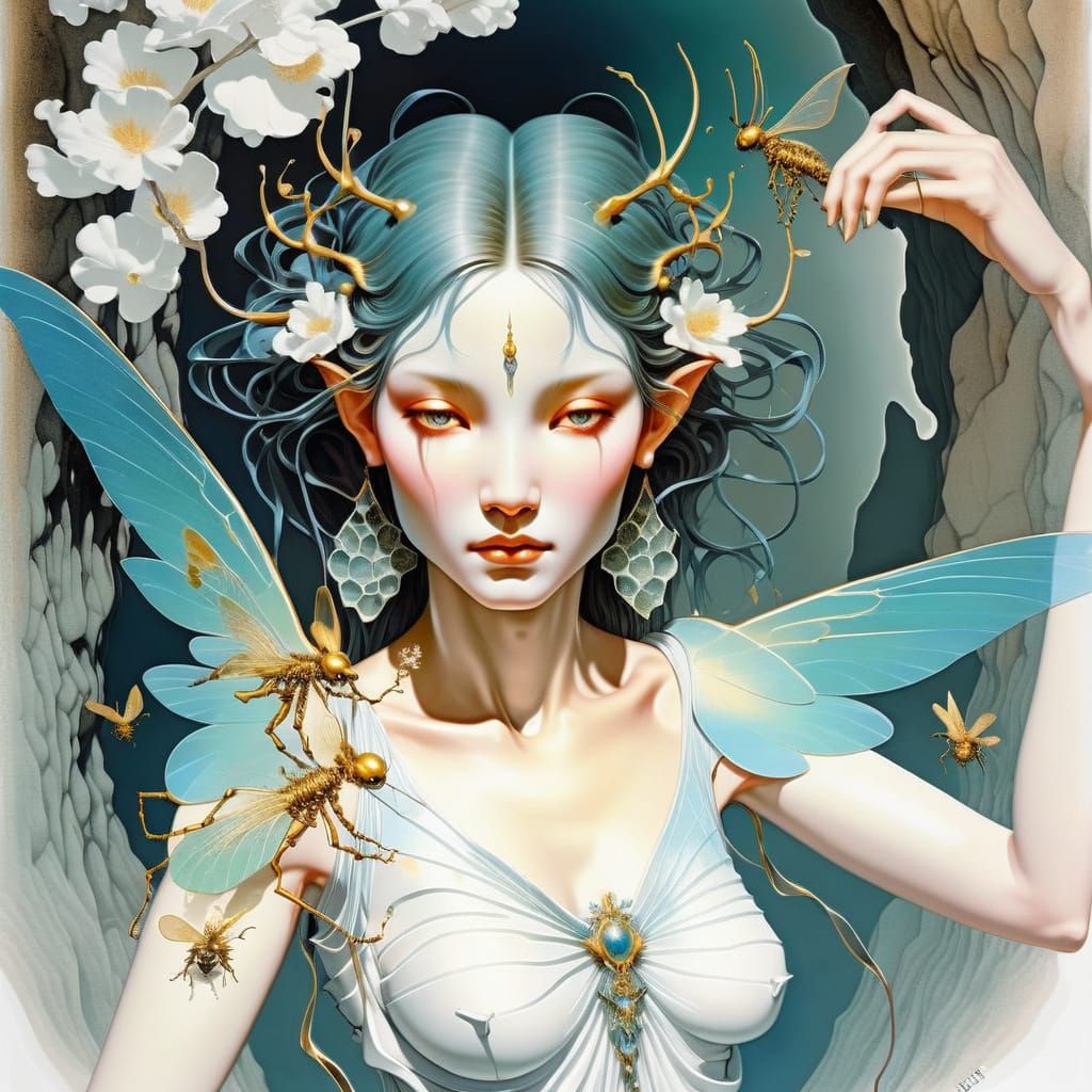 Three Nymphs Tending Honeycombs in Mythological Cave