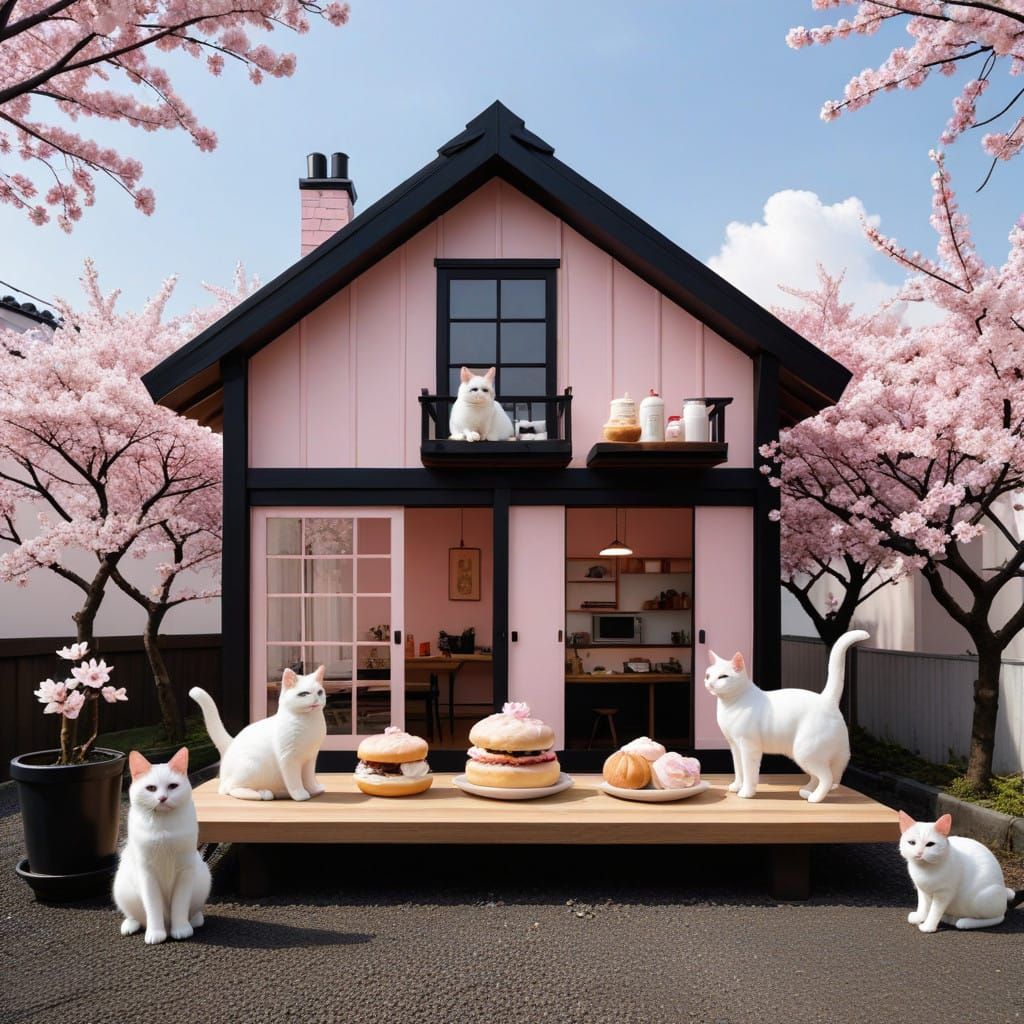 Whimsical Cats in a Neo Tokyo Pop Wooden House Still Life