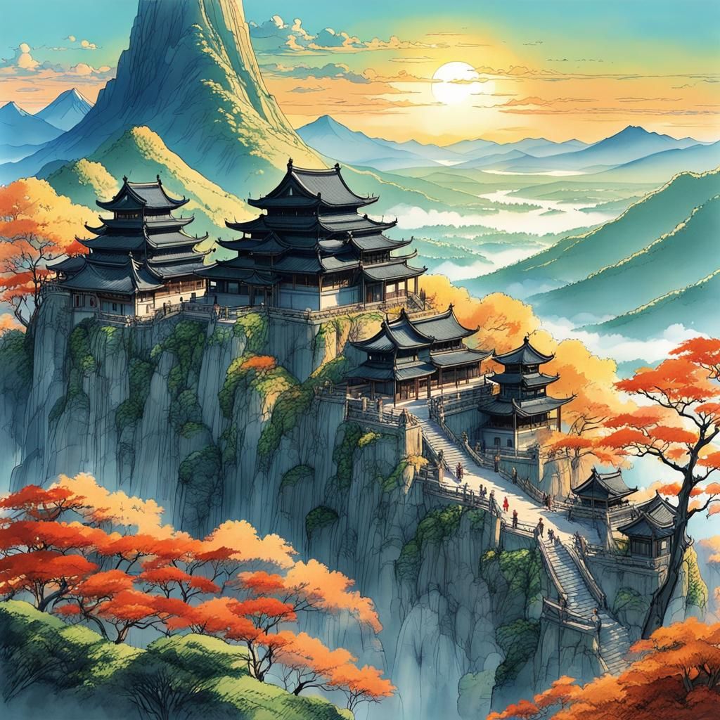 Japanese Mountains and City at Sunrise in Anime Style