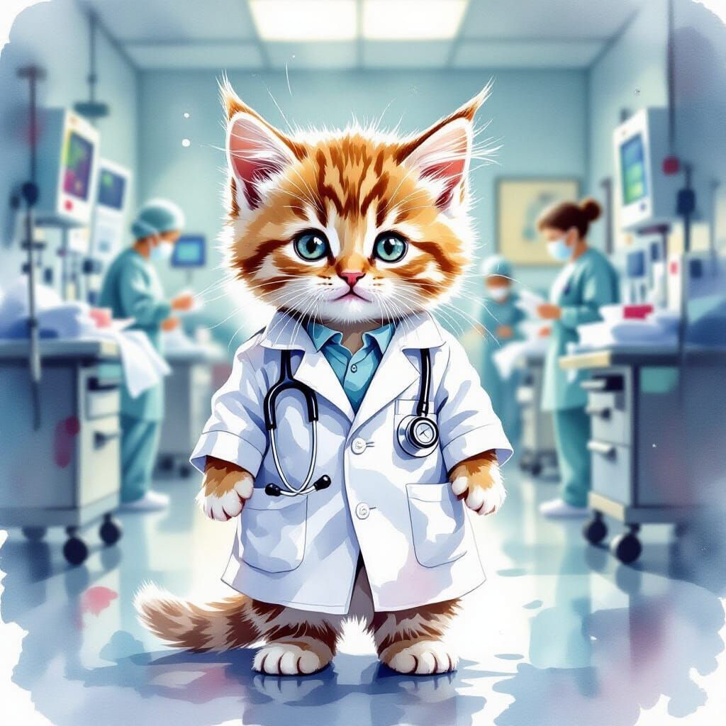 Cute Kitten Doctor in Chaotic ER Watercolor