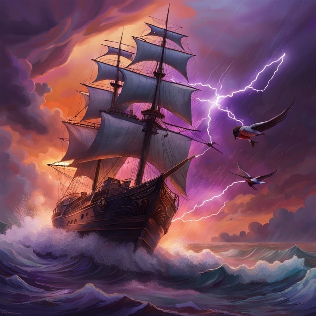 Ship Sails Under Stormy Sky: Hyperrealistic Splash Art