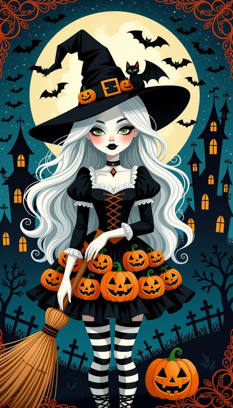 Whimsical Halloween Witch in Burtonesque Style