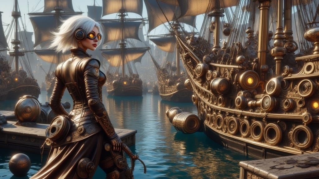 Steampunk Galleon in Harbour with Lady Captain