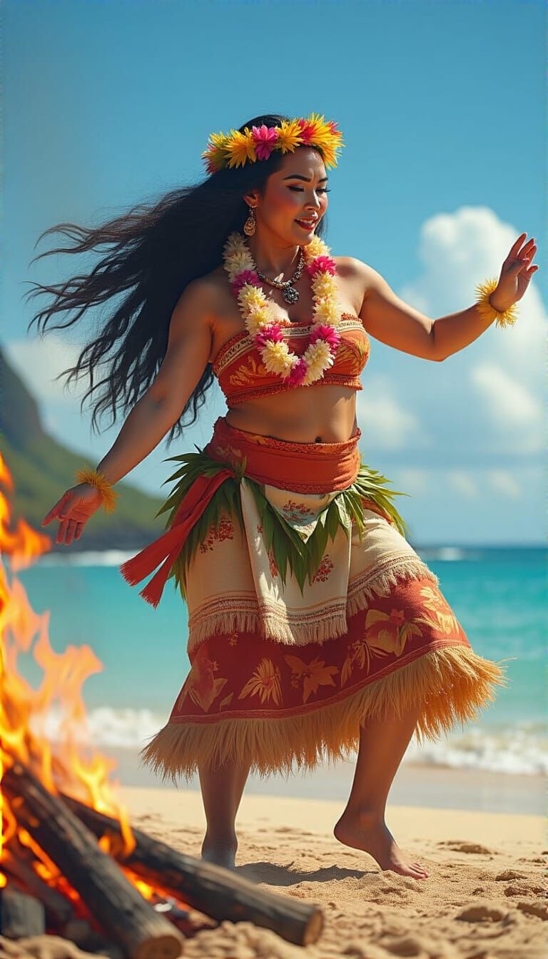 Hawaiian Dancer by Bonfire, Hyperrealistic Rendering