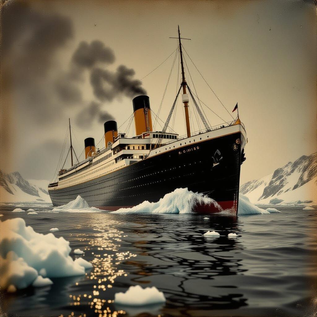 Antique Photo: Titanic Strikes Iceberg at Night