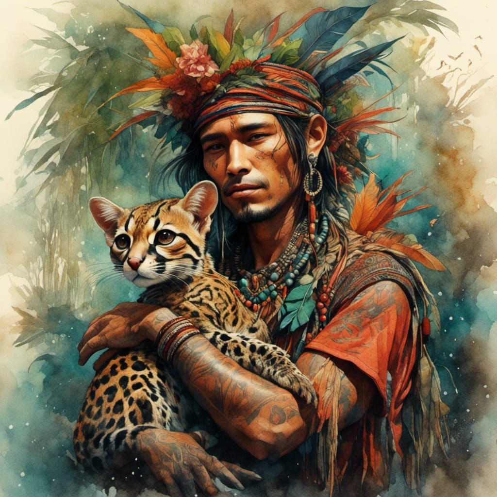 Young Costa Rican Shaman and Margay