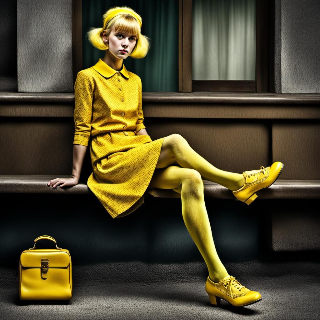1960s Woman in Yellow Outfit, Hyperrealistic Image