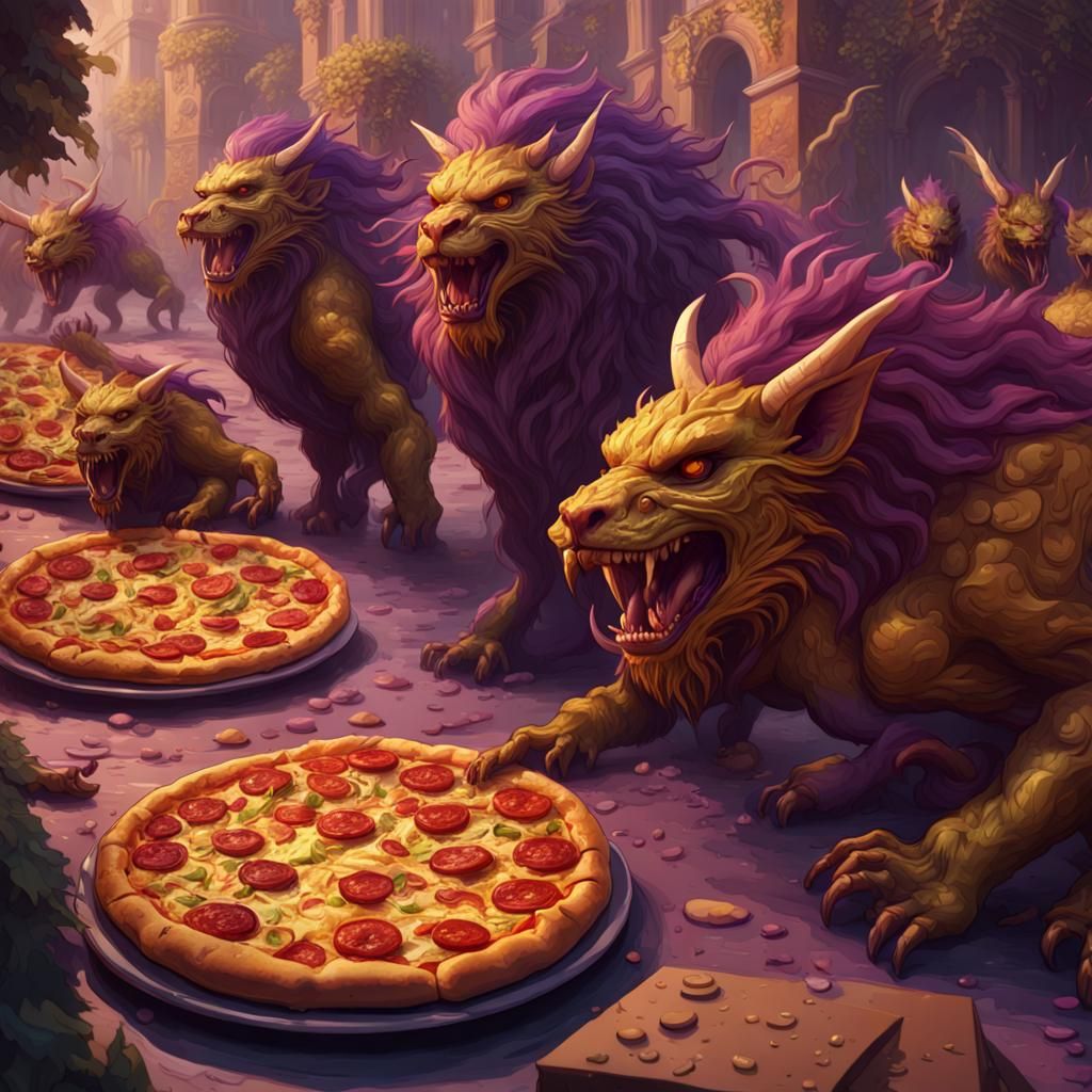 Manticores Bring Pizza to Party, Dark Fantasy Art
