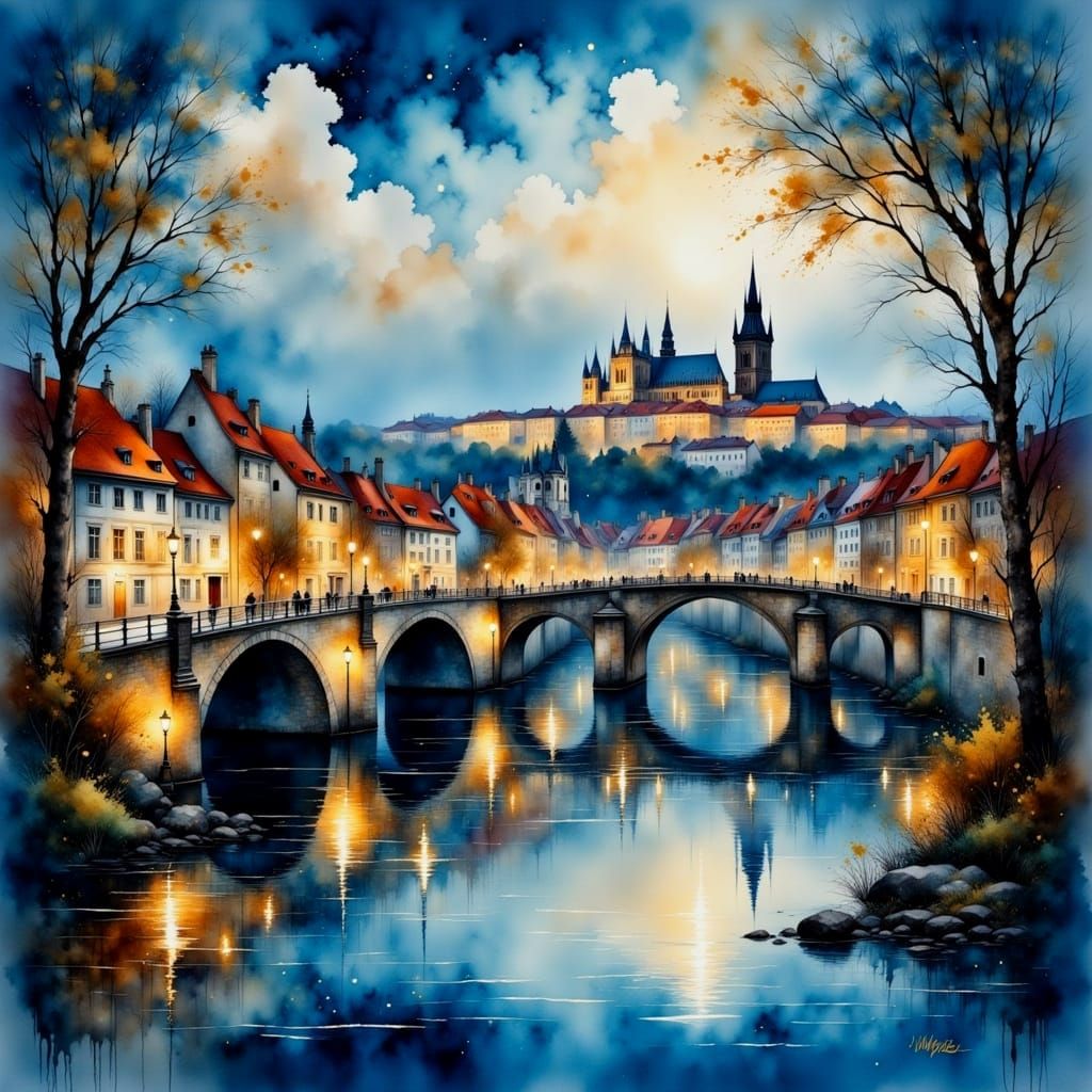 Prague Old Town and Castle: Watercolor Cityscape