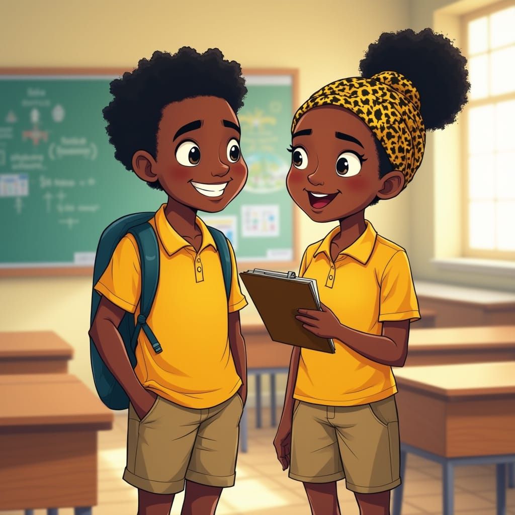African Boy and Teacher Review Classroom Chores with Joy