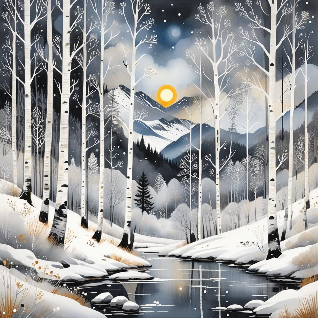 Winter Sunrise Over Misty Mountain Birch Forest