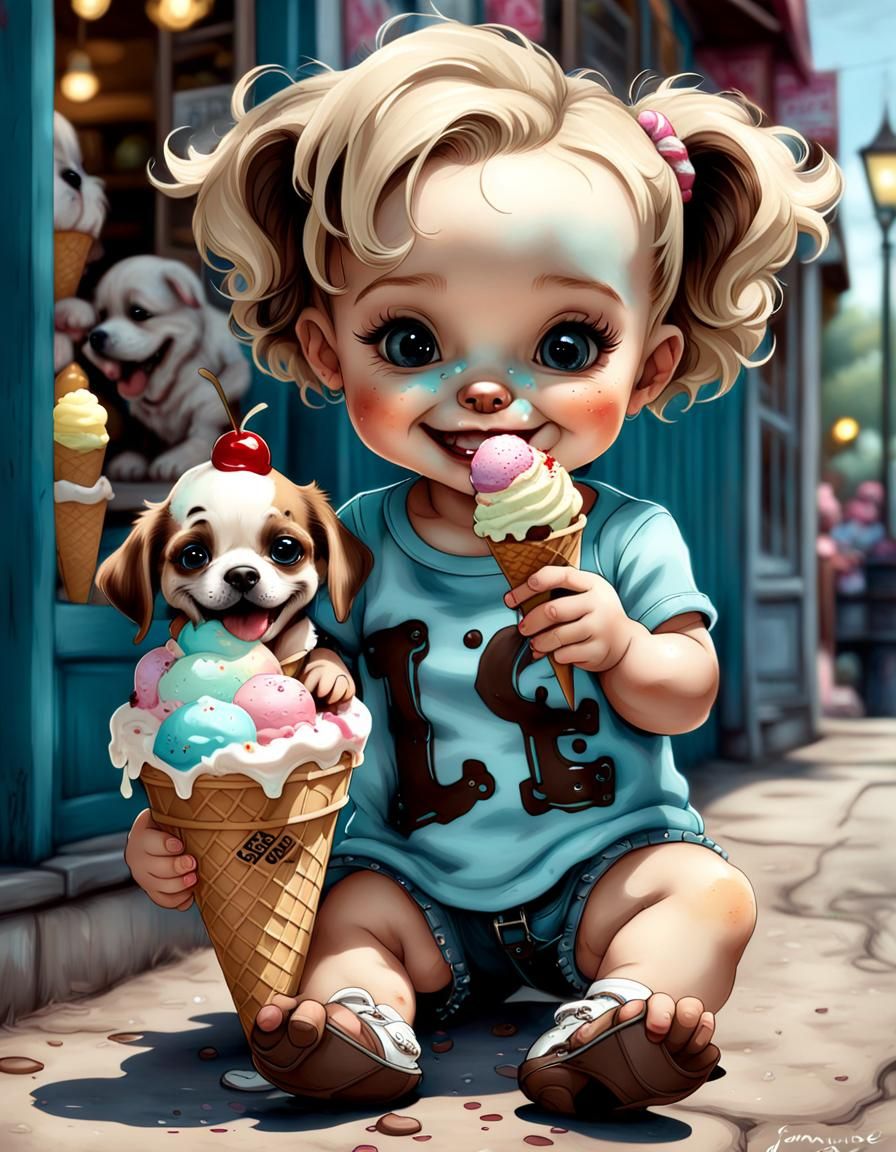 Baby and Puppy Enjoying Ice Cream