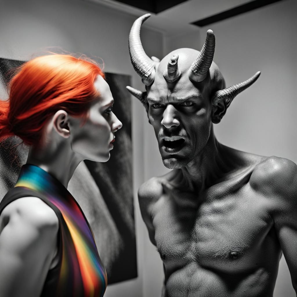 Hyperrealistic Demon Art in Black and White Room