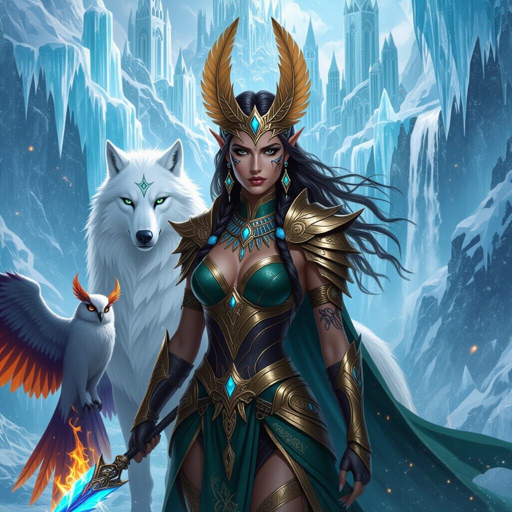 Mystical Goddess: Wolf-Elf Warrior with Robotic Arm