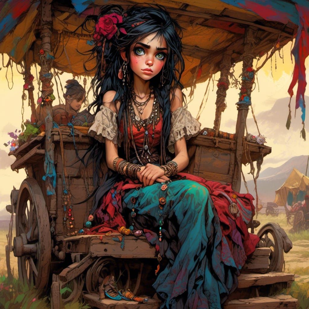 Beautiful Gypsy Woman with Creature, Oil Painting