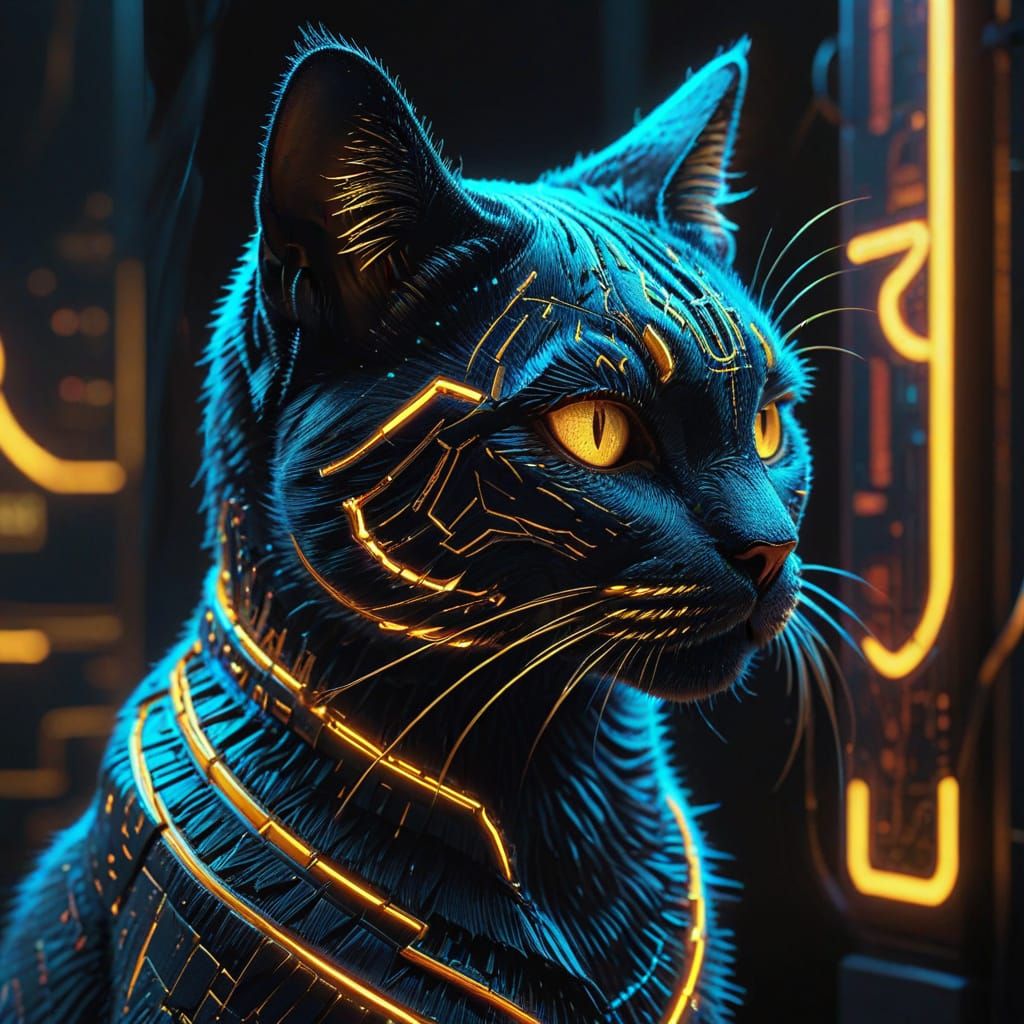 Refined 3D Cat Silhouette in Neon Cyberpunk Style