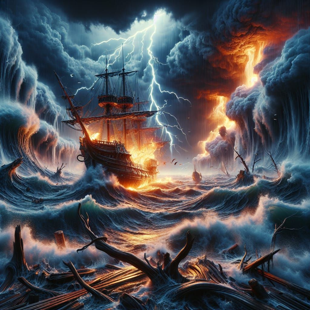 Burning Ship Amidst Stormy Seas: Fantasy Matte Painting