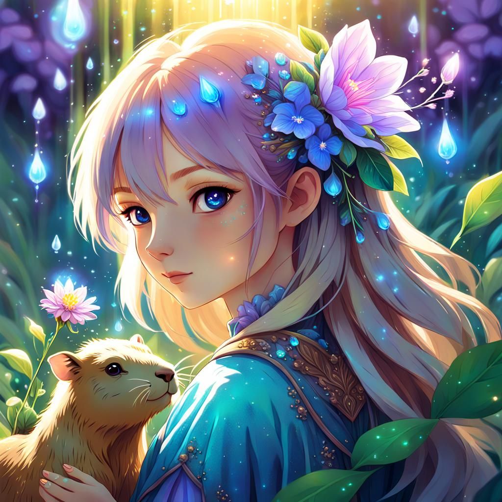 Anime Girl with Capybara and Magical Flower
