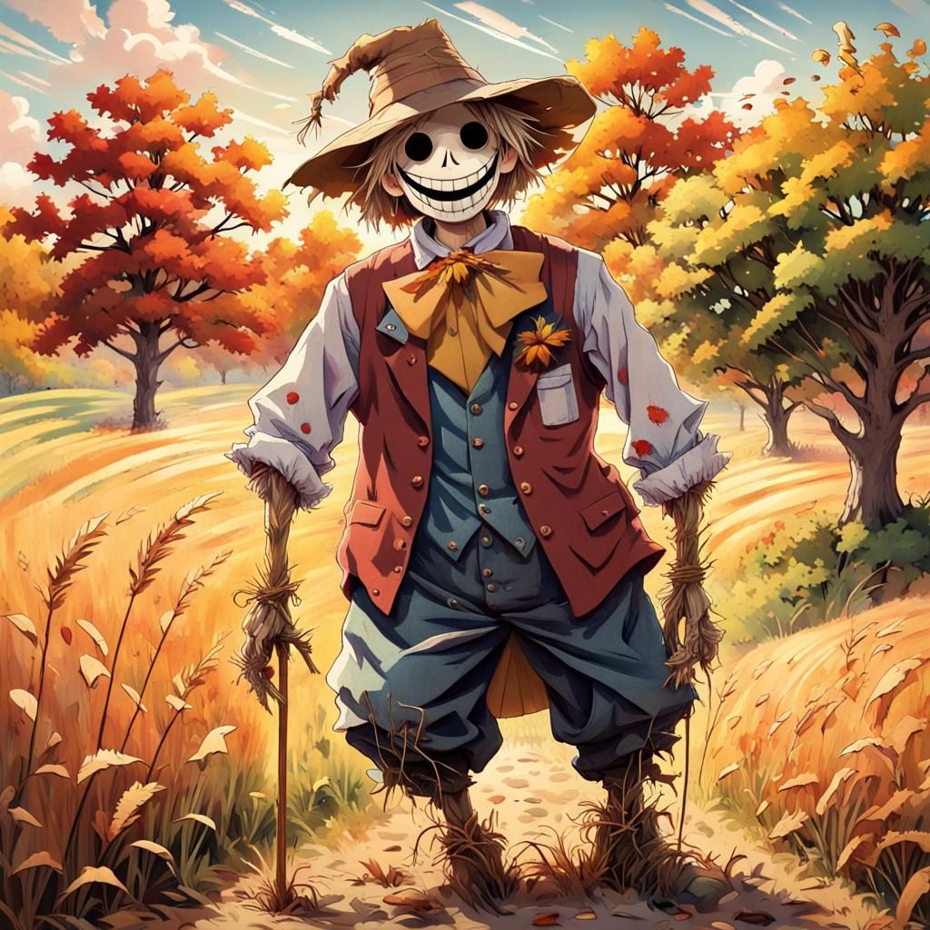 Humorous Scarecrow in Anime Style Autumn Field