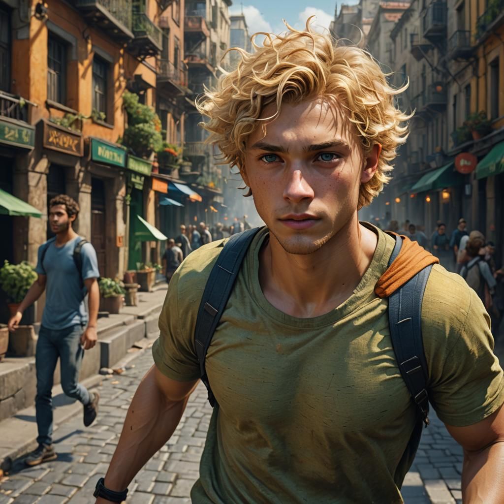 Young Man Escaping City: Hyperrealistic Fantasy Art