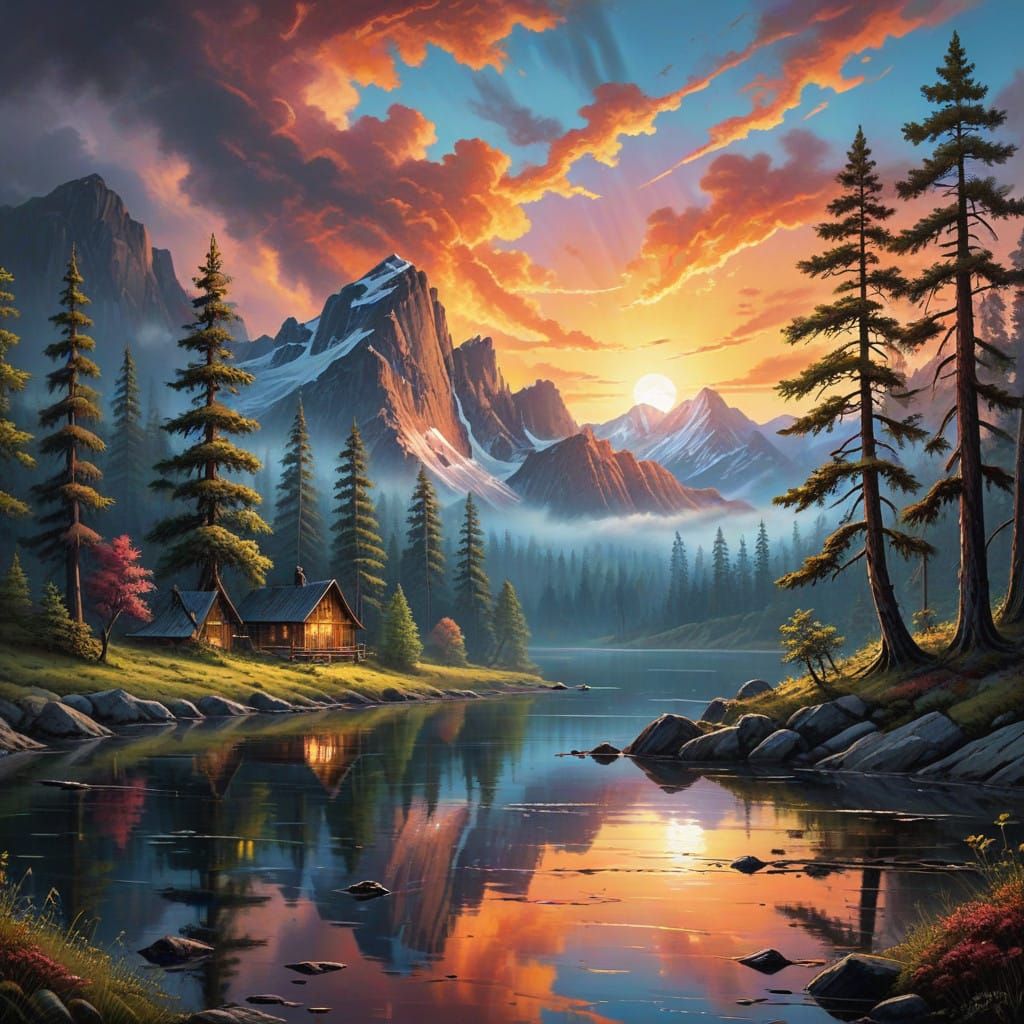 Serene Mountain Lake in Vibrant Dawn Light, Bob Ross Inspire...
