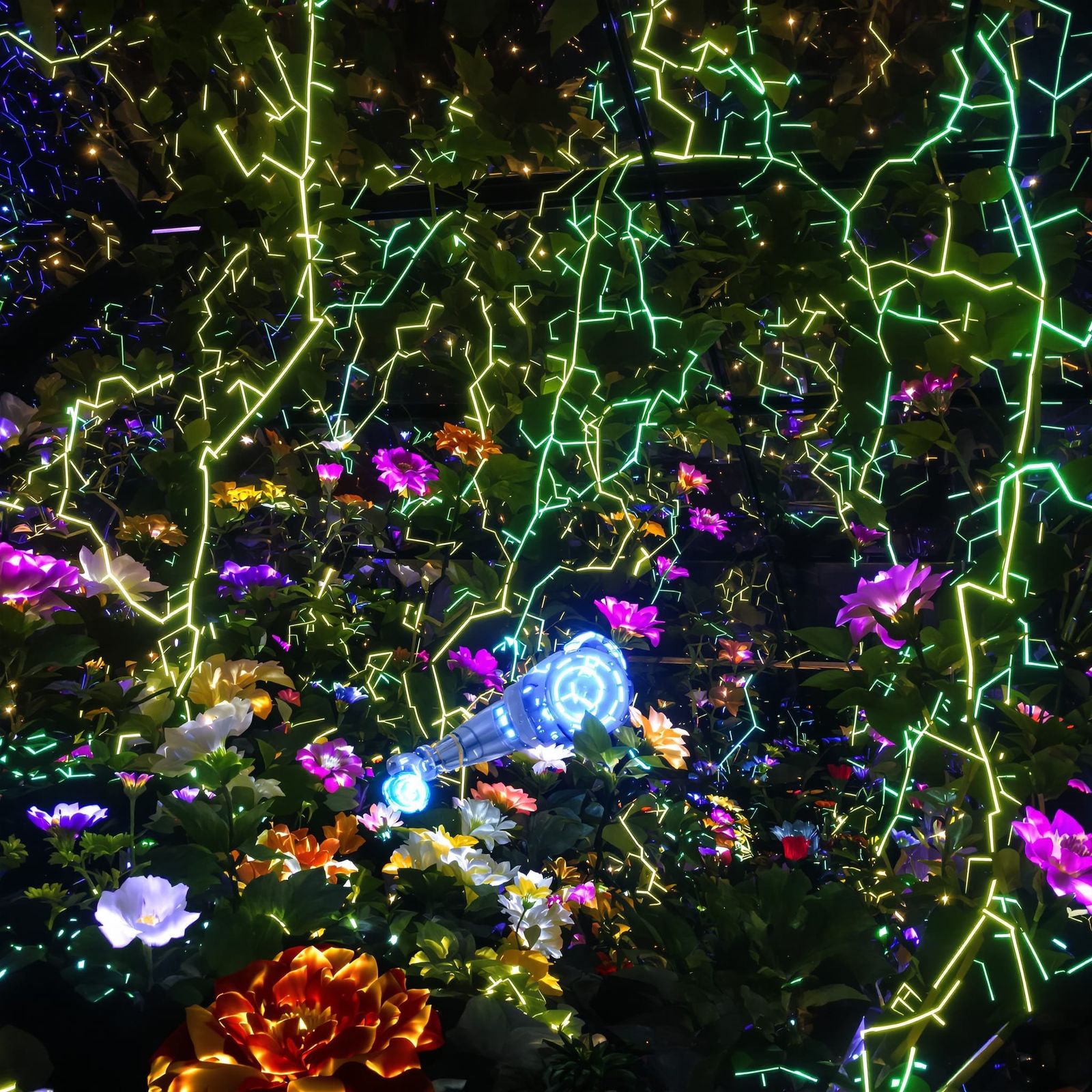 Bioluminescent Robot Tending Futuristic Greenhouse