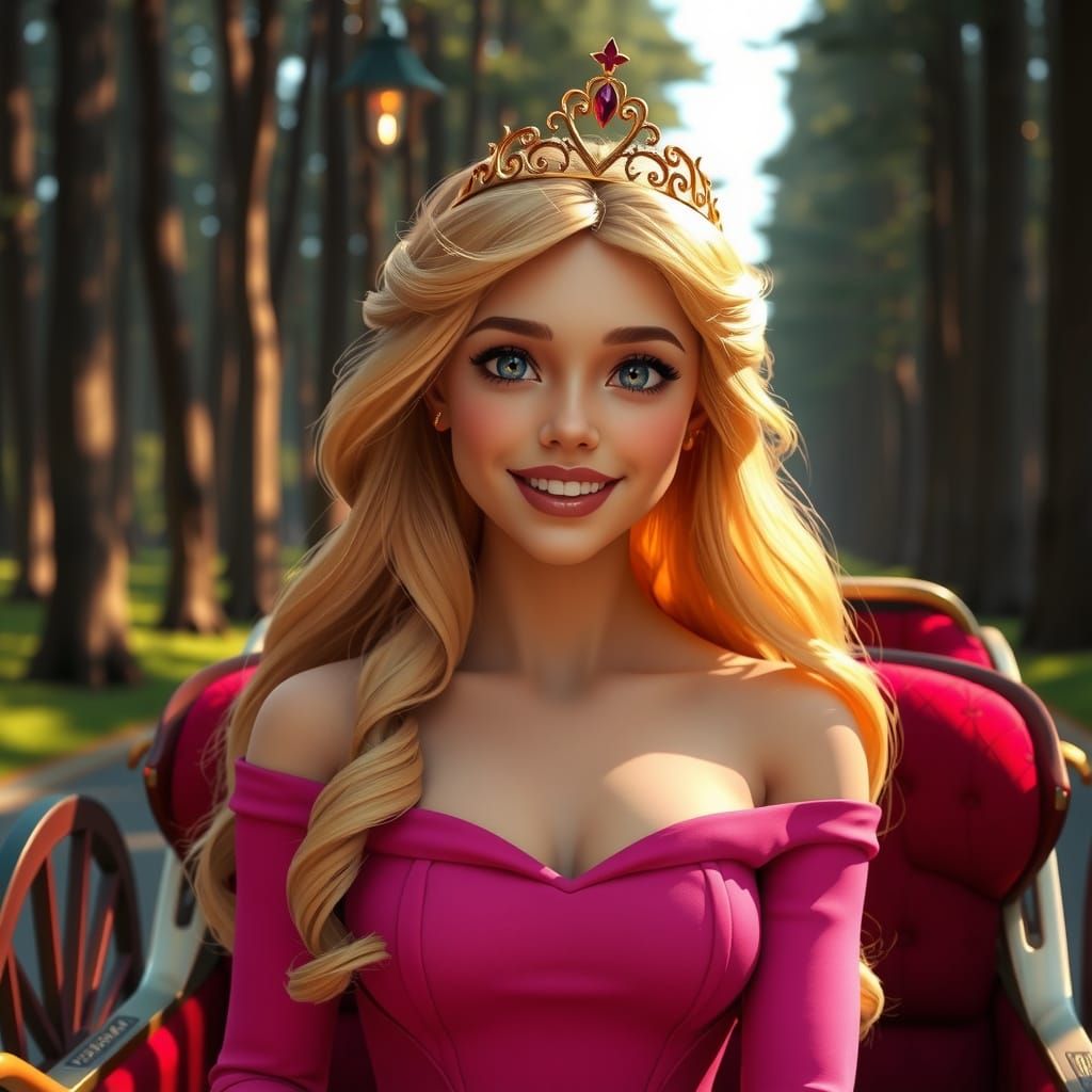 Princess Aurora in Hot Pink Dress in Forest Carriage