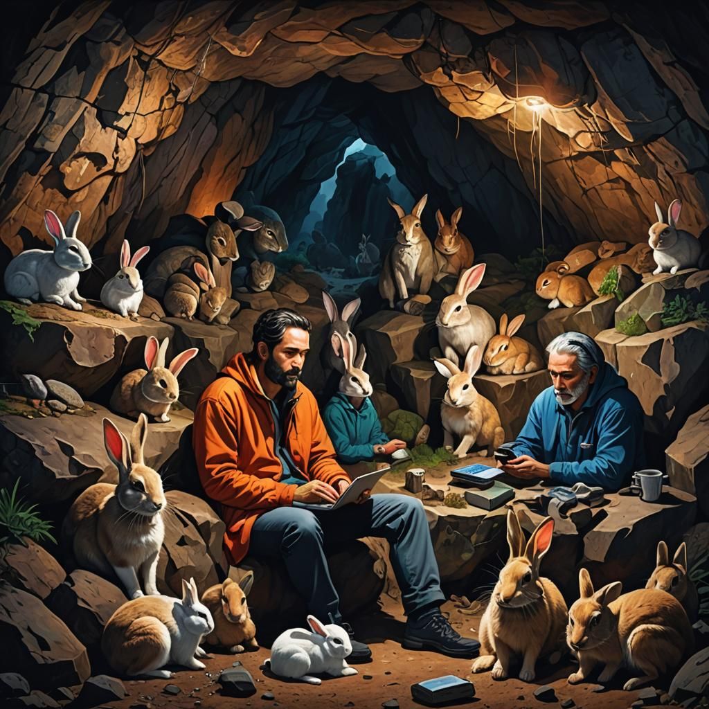 Remote Meeting: Tired Man, Woman, and Rabbits