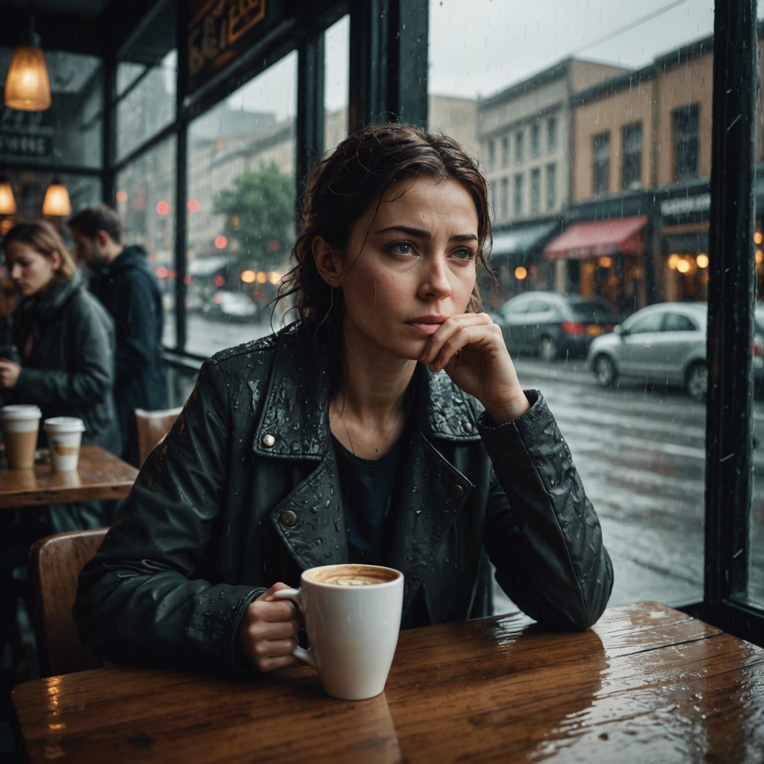 Sad Woman in Cafe: Rainy City Morning