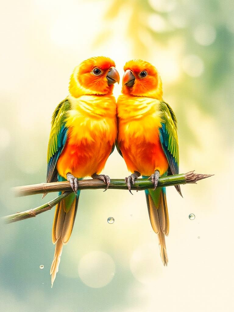 Iridescent Sun Conures in Watercolor Painting