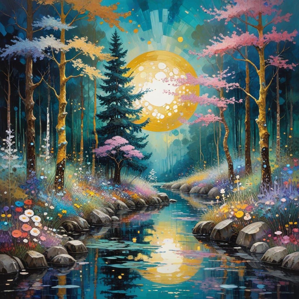 Dreamlike Forest Landscape in Iridescent Colors