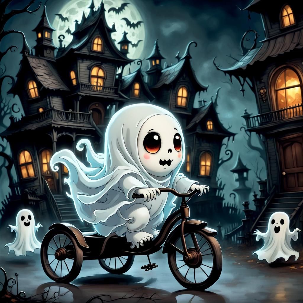 Adorable Chibi Ghost Rides Tricycle in Haunted House