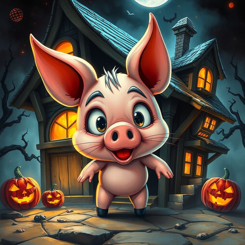Chibi Porky Pig Halloween Digital Illustration