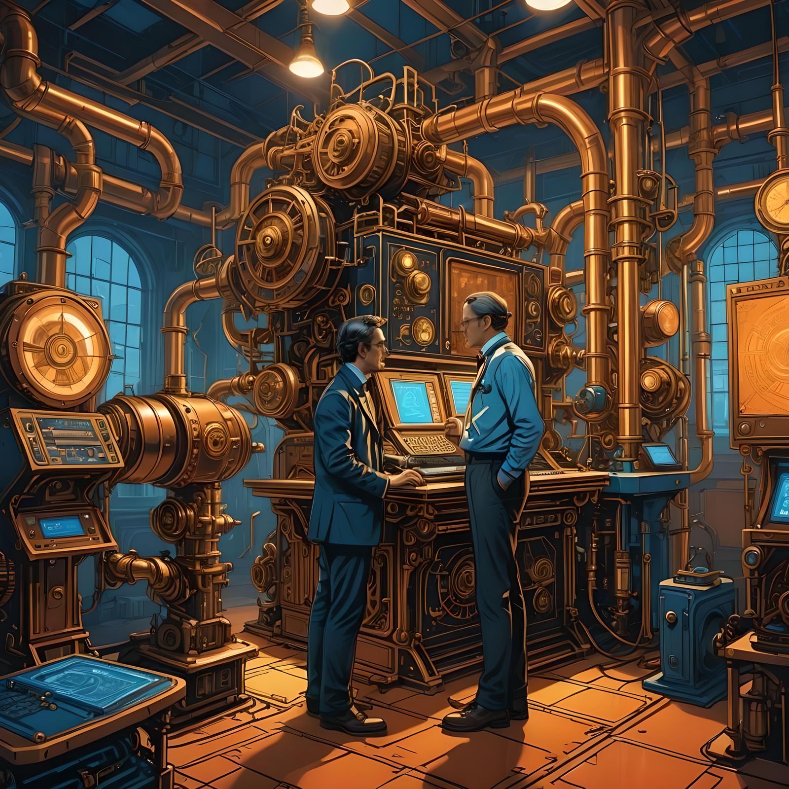 Dr Lewis is showing his new steam-computer.