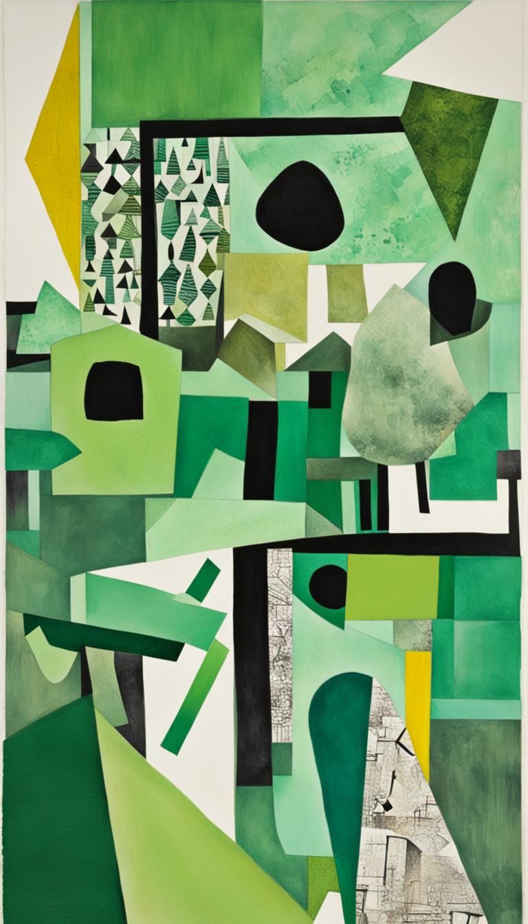 Abstract Cubism Collage in Muted Greens