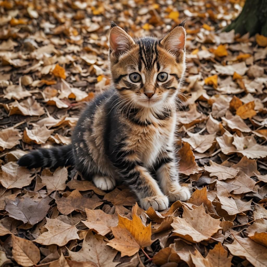 Kitten Plays in Autumn Leaves: Wildlife Photography