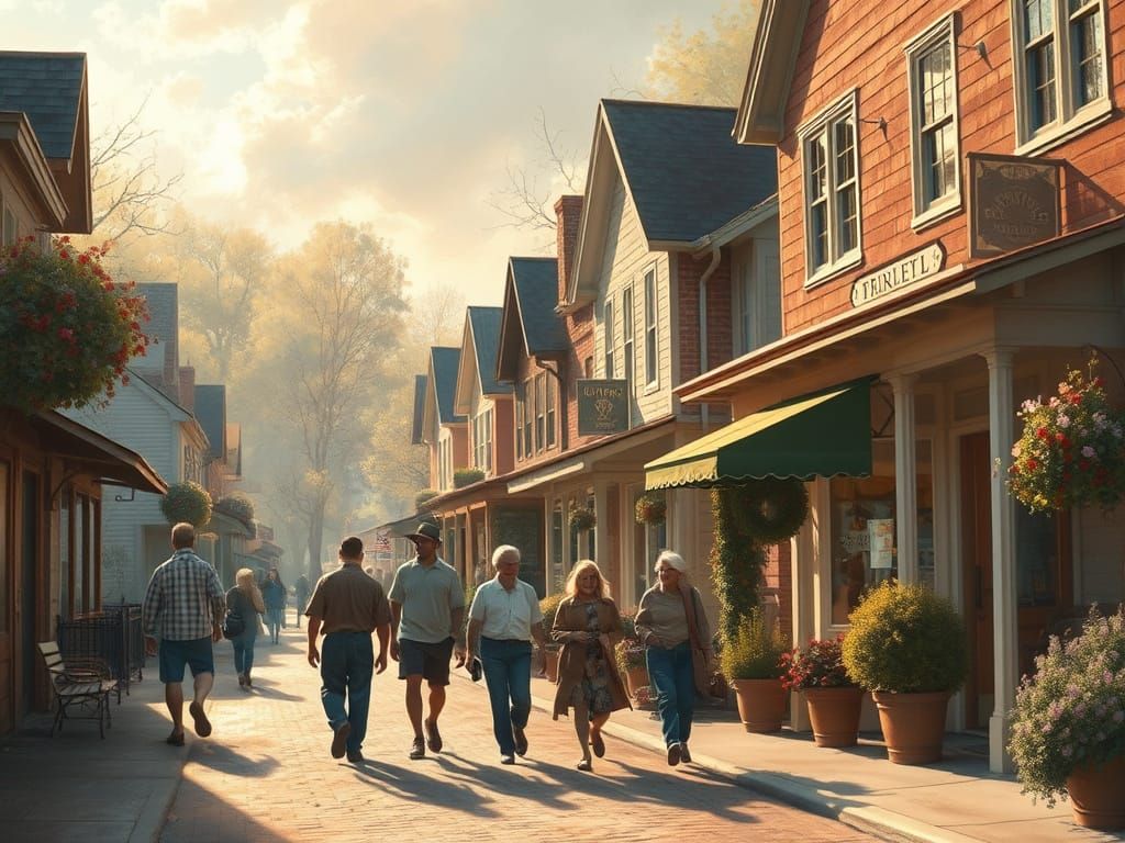 Idyllic Small-Town Street Scene in Norman Rockwell Style
