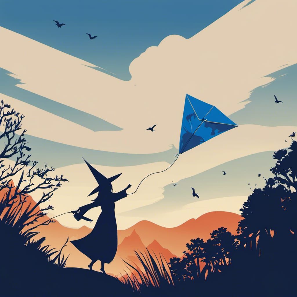 Minimalist Witch Flying a Kite in Vibrant Blue